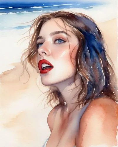 an illustration portrait of a young caucasian girl 23 years old, her brown hair draped over her shoulders, she is looking to the right, through her mouth wide open, showing blue eyes and red lips, her