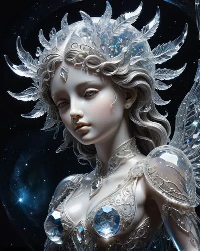 a detailed, hyper-realistic illustration of the angel ethereal angel zodiac crystal, intricate details on the structure and its reflection inside, numerous pointed eyes with an intricate spiral patter