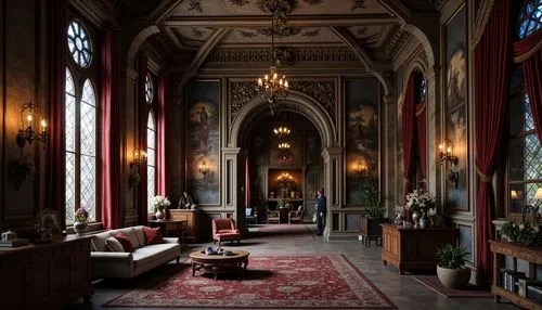 Intricate stone carvings, ornate wooden paneling, lavish velvet drapes, mystical stained glass windows, grandiose chandeliers, dark mysterious atmosphere, eerie flickering candles, richly patterned ru