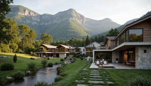 Mountainous backdrop, rolling hills, lush green forests, meandering streams, rustic stone walls, modern housing structures, angular rooflines, large windows, sliding glass doors, wooden decks, outdoor