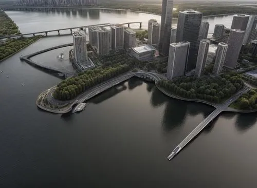 Modern city, by the lake, at dusk,an aerial view of a city in the middle of the water,marina bay,artificial islands,marina bay sands,shanghai,urban design,waterfronts,urban development,futuristic arch