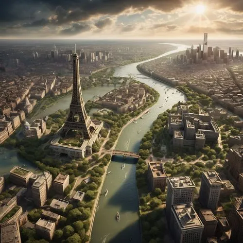 Imagen postapocalíptica hiperrealista que muestra edificios muy altos y al mundo recuperarse de los catastrofes realizados por el hombre, se muestra vegetacion saliendo de nuevo y un aspacto nubloso c