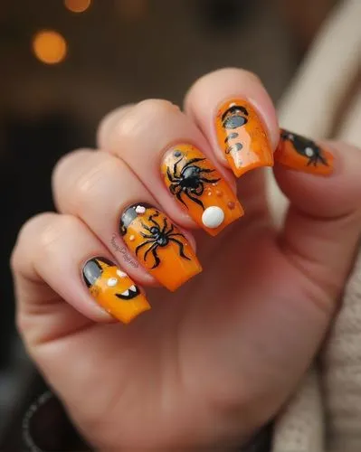 Nils Design, hallowen nails,
Create a professional photo showcasing medium-length coffin-shaped nails beautifully decorated for Halloween. Ensure that each nail is meticulously designed with vibrant c