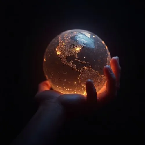 Close shot of a glowing earth holding with one hand, background is full of black color, ultra realistic high quality image, we can only see the arm and the glowing earth,a man holding up an illuminate