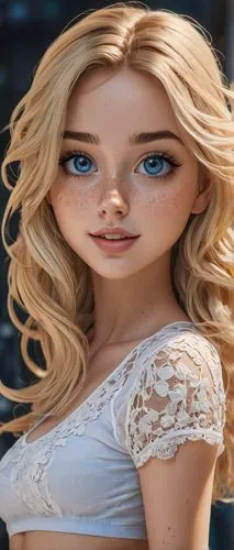 Low-key photographic euphoria, extremely beautiful young woman, messy long blonde hair, looking directly at the camera, big round eyes, blue eyes, UHD, 8K, masterpiece, skin tight white crop lace, per