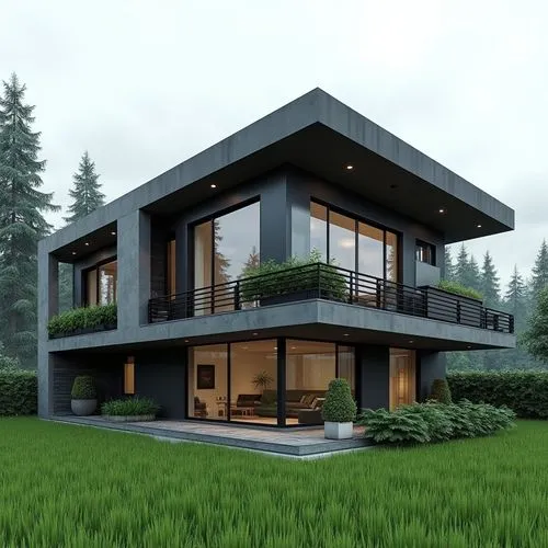 A sleek, contemporary two-story home composed of clean, geometric lines and a sophisticated monochromatic palette of charcoal, graphite, and soft gray. The façade features large windows framed by slim