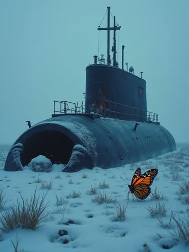 雪暴特效，昏暗，废墟，Denis Villeneuve式冷峻构图。西伯利亚冻原上，生锈的核潜艇舱门半开，指挥塔顶部安装着逆向生长的青铜十字架，声呐屏持续显示着深海传来的摩尔斯电码鬼影，甲板积雪中埋着刻满胎儿牙印的钛合金圣经。一只蝴蝶飞舞在其中,the erfly is standing next to the submarine,aground,bathyscaphe,submarine,subm
