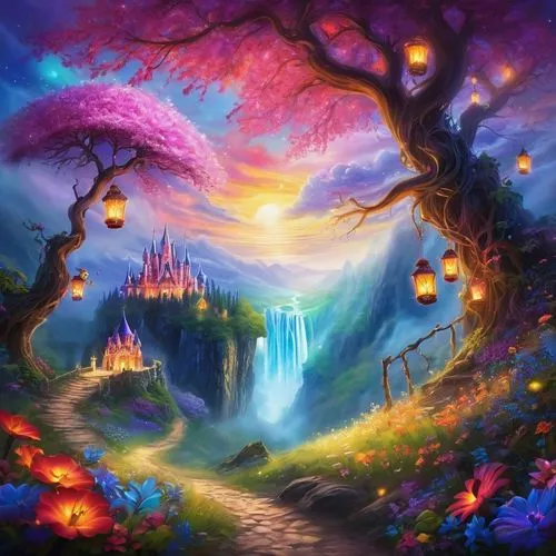 Whimsical fantasy landscape, vibrant colorful flowers blooming everywhere, glowing mushrooms, sparkling fireflies, misty fog rolling over rolling hills, ancient twisted trees with lanterns hanging fro