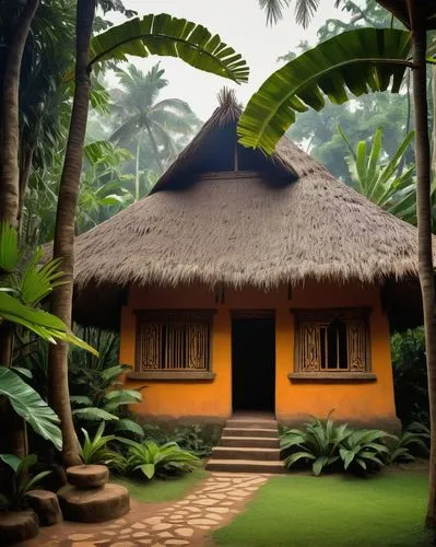Congolese architecture, traditional hut, thatched roof, vibrant colorful textiles, geometric patterns, wooden pillars, intricate carvings, lush greenery surroundings, tropical forest, misty atmosphere