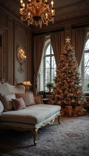A magical Christmas wallpaper featuring cozy interiors, styled with monochrome tones, evoking a festive and cheerful atmosphere.,a room with a couch and lit christmas tree,christmas room,christmas sce
