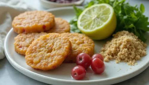 ингредиент,a plate of food with some cut up food items on it,salmon cakes,chicken schnitzel,salmon fillet,shrimp croquette,salmon tartar,potato patties,potato cakes,fish fillet,schnitzel,savory biscui