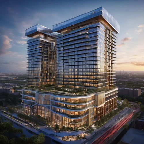 Two 14 stories, solor glass, renewable energies,  triangular outer buildings, one separate 14 stories octagonal center building, three pools, one rooftop deck pool, balconies on one building,,hoboken 