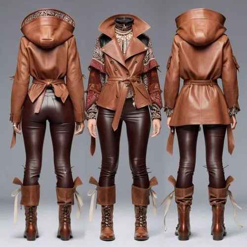 three pos of a woman in leather jacket and pants,leather texture,leathers,oilskin,leathery,leather jacket,clover jackets,jacketed,leather,coats,jacket,designer dolls,refashioned,game figure,jackets,fa