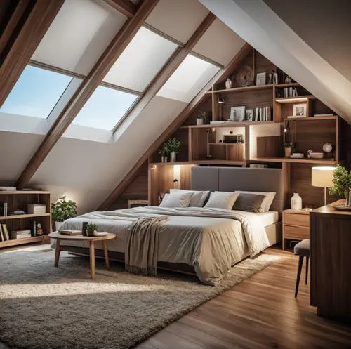 Exterior design,a bedroom with a slanted ceiling has been furnished,attic,loft,velux,loftily,attics,modern room,Photography,General,Realistic