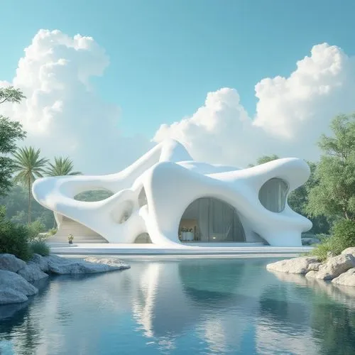 An ethereal 3D architectural masterpiece in the style of Roberto Carlos Gómez Castro — a finely detailed white house with an intricate, elevated on a polished wooden platform. The composition blends c