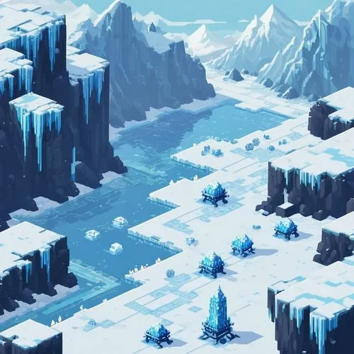 Pixel Art， game Scene,icewind,ice planet,ice castle,ice landscape,snow mountains,ice wall,icesheets,snow fields,icefall,snowfields,snowy peaks,ice cave,snowfield,skylands,winter background,glacier,sno