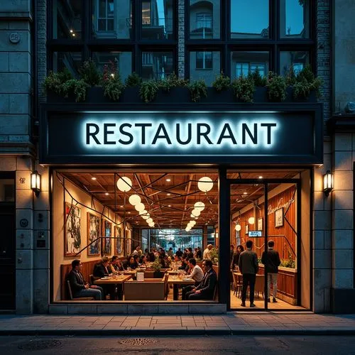 Fragmented restaurant facade, irregular shapes, bold color contrasts, distorted reflections, fractured glass surfaces, twisted metal frames, dynamic LED lighting, futuristic ambiance, urban cityscape,