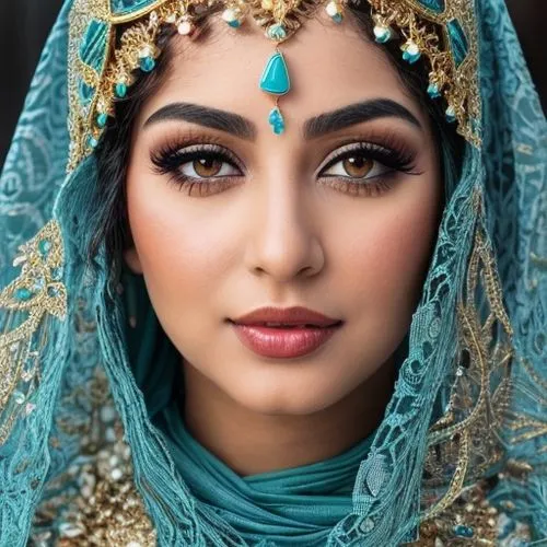 A beautiful Arab woman, her skin is white, her cheeks are red, her eyes are hazel, her hair is black and wavy, she wears kohl over her eyes, her eyes are beautiful, she is wearing a beautiful turquois