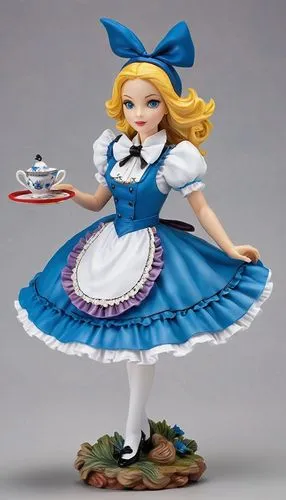 Create a highly detailed figure of Alice from "Alice in Wonderland." The figure should capture the whimsical and surreal atmosphere of the story, featuring Alice in her classic blue and white dress. S