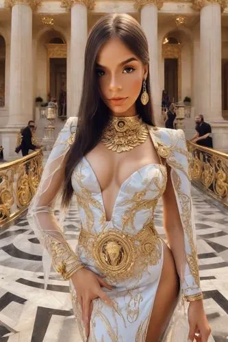 A young woman with loose hair and big breasts.,the beautiful model is standing outside in her evening gown,margairaz,gold jewelry,gold filigree,gold colored,vergara,golden color,Photography,Realistic