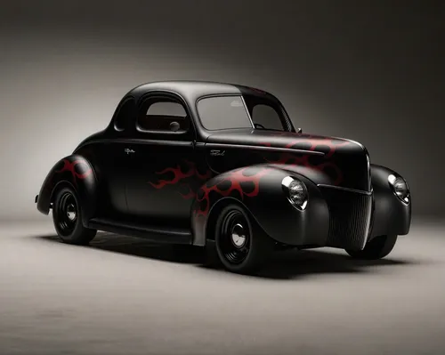 the black antique car is painted with flames,black beetle,cartoon car,the beetle,beetle,matchbox car,street rod,mobster car,fiat 500,fiat 600,rat rod,miniature car,model car,sheet metal car,toy car,sm