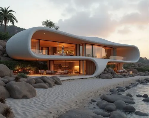 Coastal architecture, modern villa, curved lines, wavy roof, smooth stucco walls, wooden accents, large windows, sliding glass doors, ocean views, sandy beach, rocky shoreline, driftwood decorations, 
