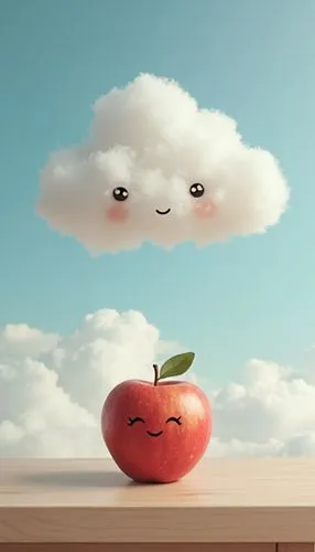 fluffy the cute cloud with bright eyes floating in sky and a cute apple with smiling face  placed on small table looking at fluffy ,a red apple with a cloud over it is flying,apple design,apple pie ve