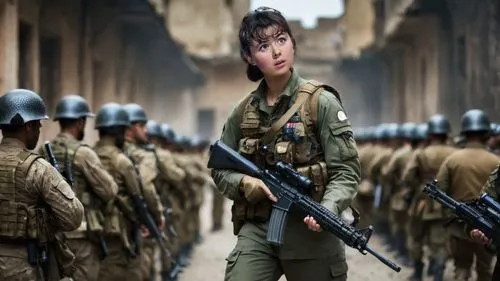 Если вы хотите мира, готовьтесь к войне - If you want peace, prepare for war,a woman in uniform with several rifles,armies,army,troop,task force,soldiering,peacekeeping,soldiers,monkey soldier,territo