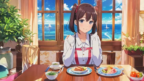 best qualtiy、细致背景、girl with、You can see the sea in the distance、Sitting in the dining room、a bird、delicated face,azuki bean,izakaya,yui hirasawa k-on,kaiseki,yakiniku,japanese cuisine,cooking show,foo