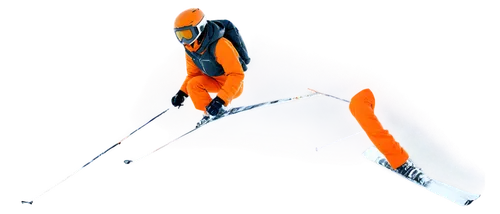 ski resort, snow-capped mountains, winter sports, dynamic pose, young adult, athletic build, ski goggles, helmet, bright orange ski suit, white gloves, skis, poles, action shot, low angle, dramatic li