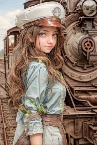 brunette hair, adorable, train-engineer, adorable fantasy, very cute, sweet beautiful young woman, flowers and vines, clean bare skin, clear face, train,children's railway,railroad engineer,model trai