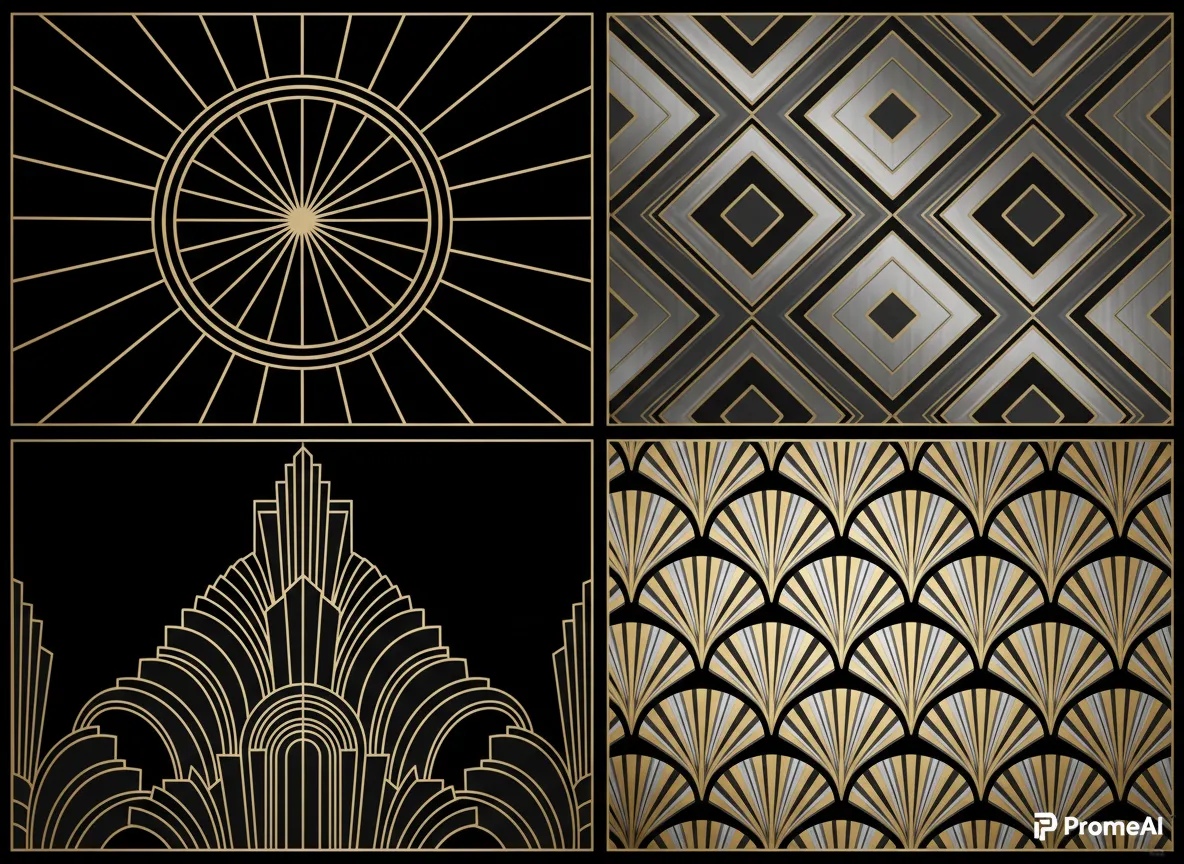 Un collage di quattro diversi motivi Art Déco generati da PromeAI, che mostrano forme geometriche, raggiere e linee simmetriche ripetute in oro, argento e nero.