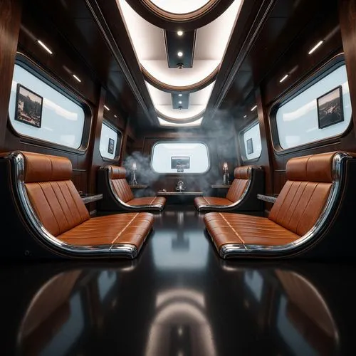 Sleek, curved lines, metallic materials, polished chrome accents, luxurious leather upholstery, rich wood paneling, geometric shapes, minimalist ornamentation, Art Deco influences, vintage car inspira