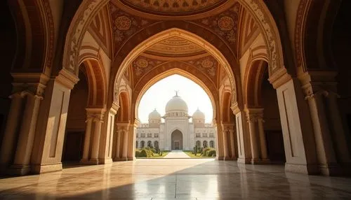 An ornate Islamic archway leading into a mosque courtyard, illuminated by soft golden light









,a view of a white building that has columns,the hassan ii mosque,sultan qaboos grand mosque,shahi 