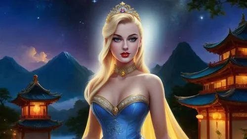 Romantic masterpiece oil painting, cute princess empress girl portrait, nostalgic 1950's style kitsch, breathtaking beautiful oriental kingdom, majestic fantasy Japanese scenery, Ancient Chinese empir