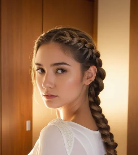 A conceptual art portrait of a beautiful caucasian young woman with long brown hair and a braid, 21 years old, dressed in a white minidress with neckline, standing on her back with her head tilted bac