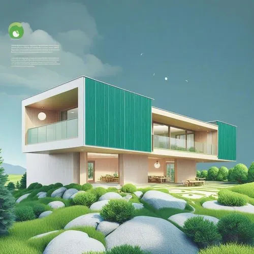 a rendering shows what a modern house looks like,greenhut,cubic house,ecotrust,greenbox,passivhaus,smart home