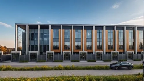 Photo realistic industrial building, blender render, vray render,achicad render ,a large building with many windows next to flowers,new building,headquarter,biotechnology research institute,office bui