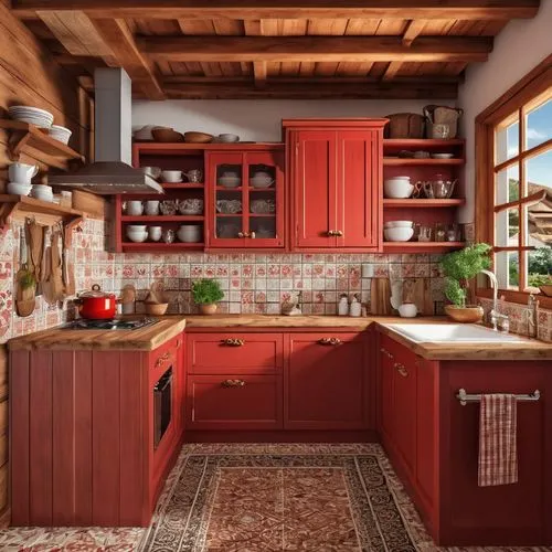 Cozinha com moveis em madeira rustica , com pequenos detalhes em vermelho 
,tile kitchen,vintage kitchen,kitchen design,kitchen interior,victorian kitchen,kitchens,big kitchen,kitchen,inglenook,cucina