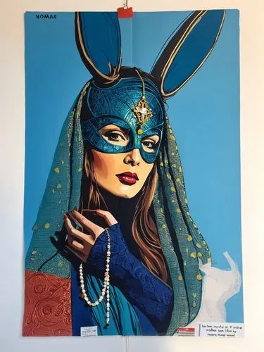woman,a painting of a woman with a mask in blue and gold,venetian mask,masquerade,blue enchantress,deco bunny,jasmine blue,fantasy woman,popular art,hanging mask,raja,high-wire artist,wall art,the enc