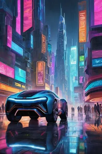 Photorealistic, futuristic cityscape, neon lights reflecting off wet pavement, sleek skyscrapers with curved glass facades, intricate sci-fi architecture, misty atmosphere, rainy night, distant toweri