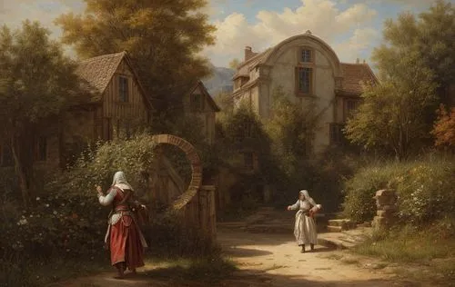 woman delivering food to house,village scene,pilgrims,the threshold of the house,rural landscape,woman at the well,towards the garden,street scene,village life,medieval street,home landscape,idyll,gir