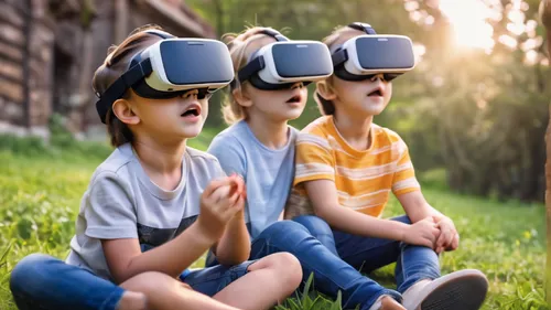 Children wearing VR glasses，outdoor ， and panoramic, good result,vr,vr headset,virtual world,virtual reality headset,virtual reality,children learning,prospects for the future,3d,oculus,vintage childr