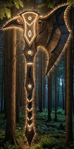 the large hammer is shaped like an intricate wooden carving,runes,forest dragon,runic,totem,elven forest,druidism,totems,tribal arrows,owl background,wood elf,halberd,iron wood,druid grove,totemic,run