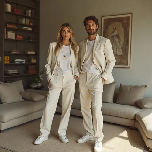 Create a photorealistic portrait of a human gender couple, wife and husband, representing a member of Generation X. The subject should be located in a contemporary living room that embodies quiet luxu