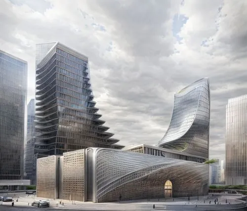 street view,distant shot,public building high rise,commercial building street,Modern style,Curved style,Futuristic style,grid steel wide frame,streets,sidewalks,commercial atmosphere,plaza,sunny,souma