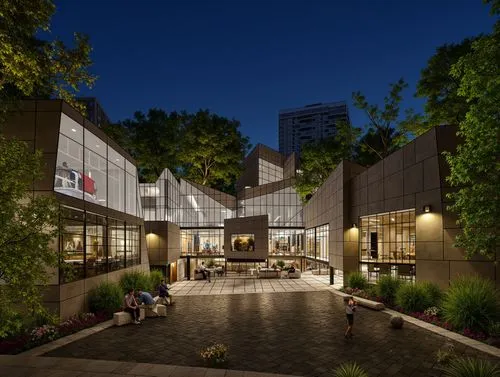 A photo-realistic architectural rendering of a modern, contemporary building with a serene garden at night. the image is taken from a bird's eye view, showcasing the intricate details of the architect