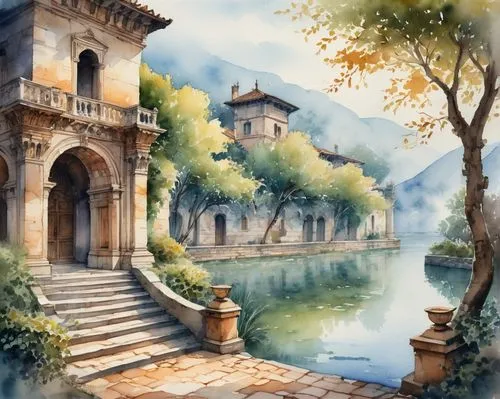 Riverside, ancient villa, Renaissance-style architecture, intricately carved stone walls, ornate wooden doors, rusty metal lanterns, overgrown ivy, crumbling brick pavement, weathered statues, old tre
