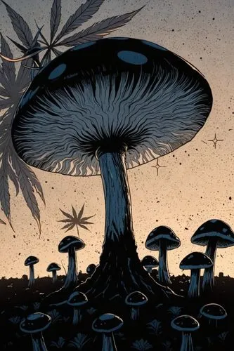 COMIC STYLE, COMIC ART, Tuschelinien, Schatten, dynamische Linienführung, 2000's Comic‑Look, slim black ink outline,several different mushrooms that are in the dark,mushroom landscape,mushroom island,