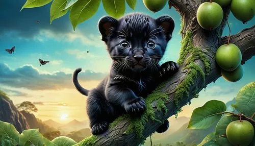 a small kitten sitting on a nch of a tree with some fruit,black shepherd,nature background,dog illustration,pet black,cute puppy,spring leaf background,green background,king of the jungle,water marten